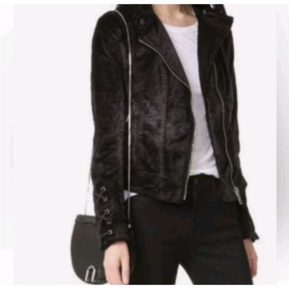 Free People Velvet Moto Laced Sleeve Zipper Jacket Black Size S - Picture 3 of 16